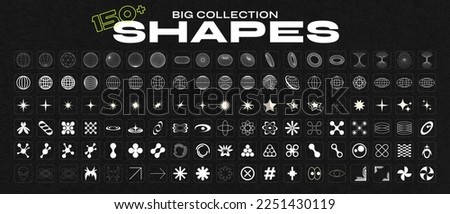 Retro futuristic elements for design. Big collection of abstract graphic geometric symbols and objects in y2k style. Templates for notes, posters, banners, stickers, business cards, logo.