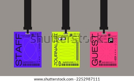 plastic badges id card badges in a futuristic style. Journalist, guest, staff. Identification cards on a string, entrance ticket, pass