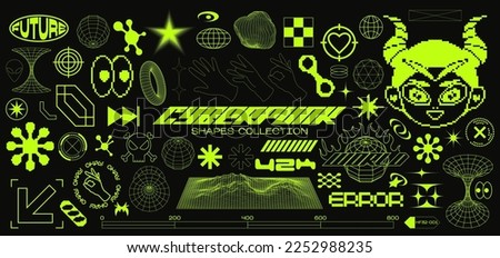 Cyberpunk futuristic shape design elements. Large collection of abstract graphic retro geometric symbols and objects in 2000 style. Templates for notes, posters, banners, stickers, business cards,logo