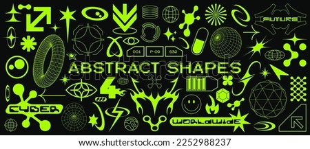 Cyberpunk futuristic shape design elements. Large collection of abstract graphic retro geometric symbols and objects in 2000 style. Templates for notes, posters, banners, stickers, business cards,logo