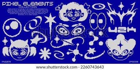 pixel art, y2k trendy elements. Acid set of abstract geometric design elements with retro girl, stars and futuristic items. for posters, print, stickers	