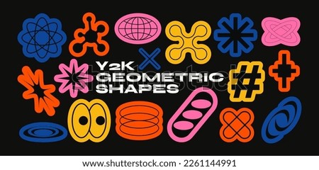 Y2k abstract shapes, minimalistic geometric elements in Bauhaus style. Simple shape planet, star .basic shape, trendy modern graphic elements vector set