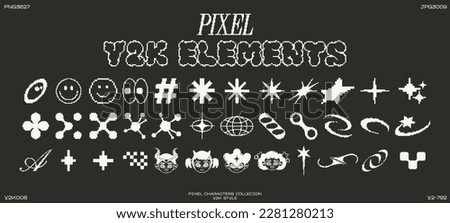 Retro futuristic elements for design. Big collection of abstract graphic pixel geometric symbols and objects in y2k style. Templates for notes, posters, banners, stickers, business cards, logo