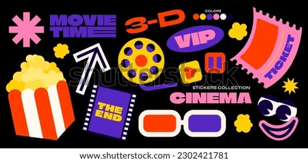 Collection of movie stickers, labels, tags, patches, bracelet stamps. popcorn, film, cinema. Funky groovy hipster stickers in 90s style. Vector set, trendy promo labels