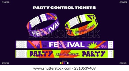 Control ticket bracelets for events, disco, festival, fan zone, party, staff. Vector mockup of a festival bracelet in cartoon futuristic style