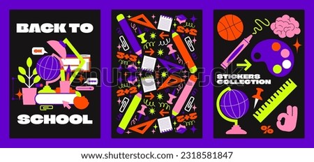 School element stickers and posters, stationery in cartoon retro cartoon groovy style