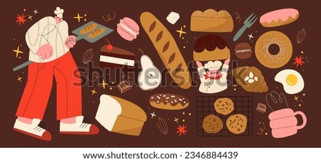 Retro stickers characters bakers from the 90s cooking. Cartoon vintage style, groovy illustration of a bakery, coffee house, dough,buns croissants, cakes. Chef in the uniform baking bread	