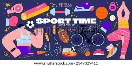 Cartoon characters stickers retro athletes. fitness lifestyle gym activity. Sports elements doodle set