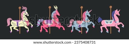 Set carousel horses. Cartoon cute pink unicorns, French retro vintage carousel.