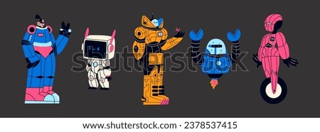  Cartoon y2k characters robots of the future in the style of the 90s. Futuristic heroes in spacesuits, iron suits, future technologies, digital assistant machines