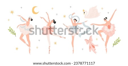 Cartoon characters of ballerinas in different poses. Girls dancing classical choreography in pointe shoes. Ballet set female 