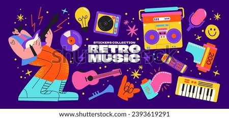 Set cartoon disco stickers in retro style. Vintage record players, vinyl, musical instruments, rocker character. Hippie groovy music shapes