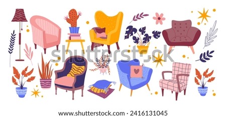 Set cartoon armchairs, chairs, couches, sofas in Scandinavian style. Indoor plants, upholstered furniture, hand-drawn stickers for a cozy home interior. Vector illustration