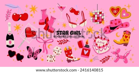 Cartoon stickers of feminine things in retro 90s style. Vintage set of funky hippie elements, cowboy boots and hat, lipstick, sweets, cake. Trendy vintage girls set