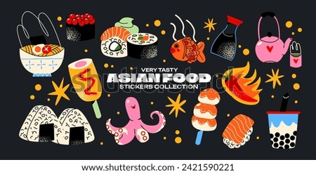 Asian cuisine cartoon set of stickers in retro 90s style. Food, dishes, ramen, noodles, sushi, traditional dishes. Japanese cafe bar restaurant. Vector shapes of national East Asian Japanese and Chine