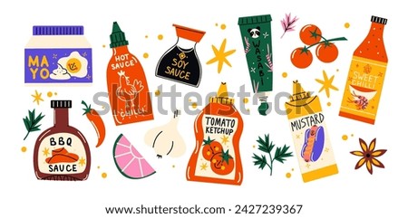 Cartoon set of sauces and dressings. Mayonnaise, barbecue, ketchup,mustard, soy sauce. Vector set of food design. Various bottles  hand drawn.