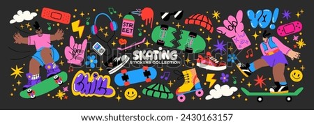 Retro skater stickers in 90s cartoon style. Skateboarding badges, rollers, vinyl, vintage, UFO. Hippie acid groovy y2k, nostalgia vector shapes