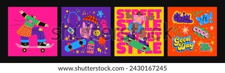 Retro skater posters in 90s cartoon style. Skateboarding badges, rollers, vinyl, vintage, UFO. Hippie acid groovy y2k, nostalgia vector shapes