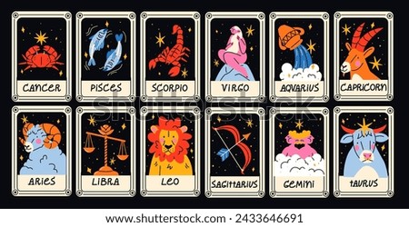 Astrological Cards of constellations and zodiac signs, star horoscopes in cartoon style. Cancer, Pisces, Scorpio, Virgo, Aquarius, Capricorn, Taurus, Libra, Leo, Sagittarius, Gemini, Aries. Magic card