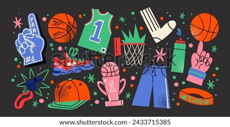 Basketball stickers in cartoon style. Sports objects, sneakers, ball, basket, sports equipment. Vector retro set