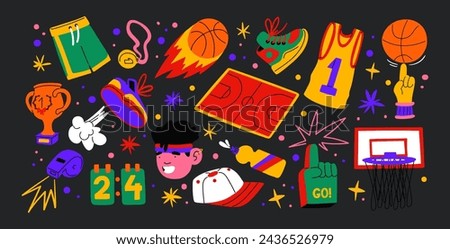 Basketball stickers in cartoon style. Sports objects, sneakers, ball, basket, sports equipment. Vector retro set