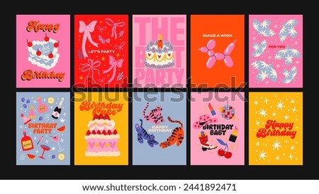 Happy Birthday cards in cartoon retro 90s style. Minimalist cards. Celebration congratulations posters with cakes and sweets. Vector bright template for party, event.	