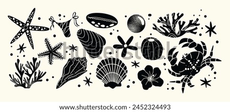 Cartoon seashells. Sea beach inhabitants, crab, mollusks, corals, ocean exotic starfish. Vector retro nautical pattern. Modern trendy flat illustration