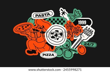 Pizza delivery stickers, fast food restaurant in retro 90s style. Cartoon tags, labels, courier delivery patches. Italian food, design doodle elements for restaurant and cafe