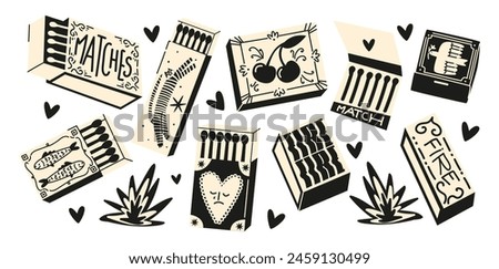 Set cartoon matches. Burning fire, matchboxes, match burns, flame, spark. Vector set of elements stickers