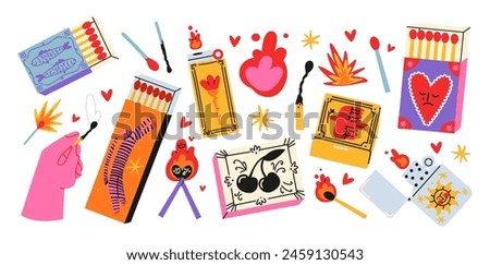 Set cartoon matches. Burning fire, matchboxes, match burns, flame, spark. Vector set of elements stickers