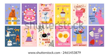 Happy Birthday cards in cartoon retro 90s style. Minimalist cards. Celebration congratulations posters with cakes and sweets. Vector bright template for party, event