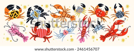 Set crabs and lobsters with patterns. Cartoon sea inhabitants, seafood in flat retro doodle style. Stickers for a restaurant or cafe.