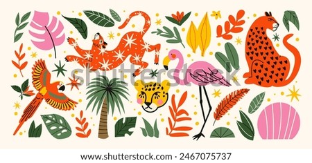 Stickers exotic tropical leaves, tigers, leopards and wild animals, birds, jungle plants, palm trees, monstera leaves and flowers. Set of vector jungle stickers in cartoon retro style