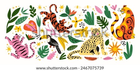 Stickers exotic tropical leaves, tigers, leopards and wild animals, birds, jungle plants, palm trees, monstera leaves and flowers. Set of vector jungle stickers in cartoon retro style