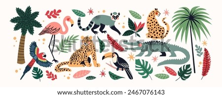 Tropical stickers. Wild animals, exotic plants, crocodile, lemur, leopand, parrot, monstera leaves, flowers. Cartoon doodle jungle stickers in retro style