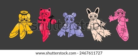 Y2k cartoon mascots girls characters in the retro 2000s style. Cyber ​​Girls robots with stars for 90s design. Collection vector doodle futuristic objects	