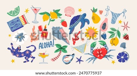 Cartoon beach tropical stickers.Coast elements, animals, fruits, food, drinks, palm trees. Trendy groovy doodle aesthetic minimalist printable patch set