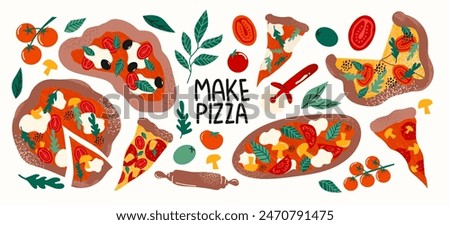 Italian pizza with basil, tomatoes and mozzarella. Pieces of pizza, a set of ingredients, various toppings. Vegetables, cheese,salami, sauce. Cartoon doodle illustration for restaurant and cafe