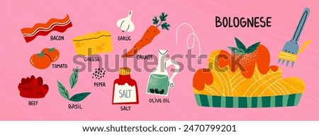 Italian bogneese pasta in tomato sauce with beef. Constructor for dishes of national Italian cuisine. Cartoon illustration of recipe and ingredients for cafe and restaurant