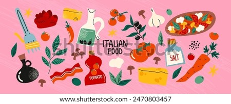 Italian food set, ingredients. Cartoon doodle stickers of traditional products: olive oil, tomatoes, mozzarella, pizza, cheese, pasta. Vector retro groovy food set