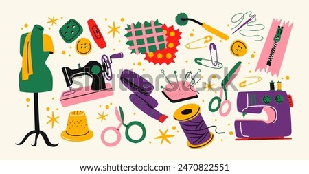 Set of tools for sewing and embroidery. Cartoon tailor's supplies, sewing equipment for handicrafts and textiles. Threads, sewing machines, scissors, pins. Doodle handicraft workshop stickers