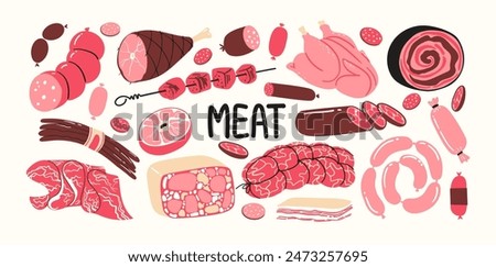 Set of meat products ingredients for BBQ, sausages, meat, steaks, chicken legs. Cartoon flat doodle design of pieces of meat. Raw and fried meat kebab set