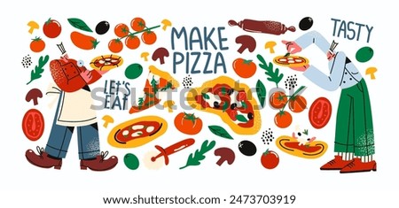 Cartoon set pizza men and pizza. Stickers of Italian cuisine cooking pizza, a national dish. Pizza makers bakers characters and trendy food stickers in 90s doodle groovy style