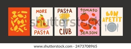 Abstract pasta posters with Italian food for the kitchen. Culinary compositions in the fashionable cartoon style of Matisse. Decor for kitchens, cafes and restaurants. Minimalist banners for wall deco