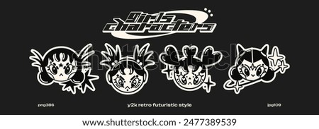 Y2k cartoon mascots girls heads characters in the retro 2000s style. Cyber ​​Girls robots with stars for 90s design. Collection vector doodle futuristic objects	
