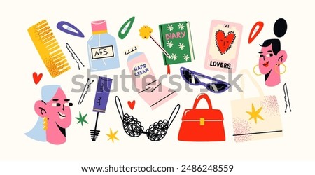 Cartoon stickers for women in 90s retro style. Doodle elements of girly things, cosmetics, personal care, bags, jewelry. Vector trendy illustration for March 8