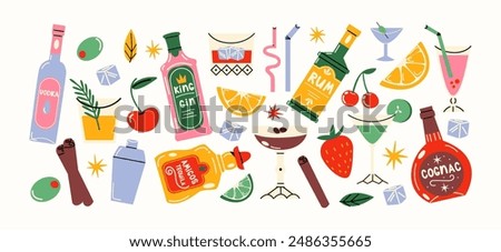 Cartoon cocktails in glass jars and glasses, a set of alcoholic drinks. Retro cans of refreshing drinks with ice for a party. cocktail ingredients. trending doodle stickers