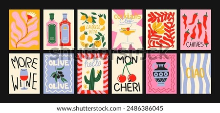 Abstract bright posters in minimalist style. Wall decor, trendy banners of summer, fruits, plants, cocktails in the cartoon style of Matisse. Decor of wallpaper, walls, print and postcards