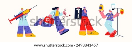 Cartoon characters doctors and ambulance workers. Medical nurses help people recover from illness. Retro mascots doctors with masks and gloves in white coats	