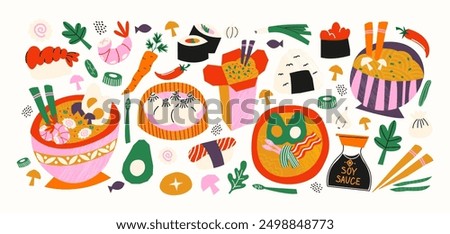 Asian cuisine cartoon set of stickers in retro 90s style. Food, dishes, ramen, noodles, sushi, traditional dishes. Japanese cafe bar restaurant. Vector shapes of national East Asian Japanese and Chine